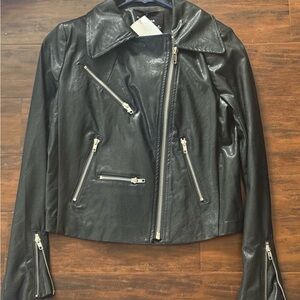 Olivaceous Black Faux Leather Jacket with Silver Zippers